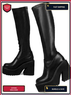 Wedge Knee High Boots Chunky Heel Faux Leather Gothic Punk Platform Boots